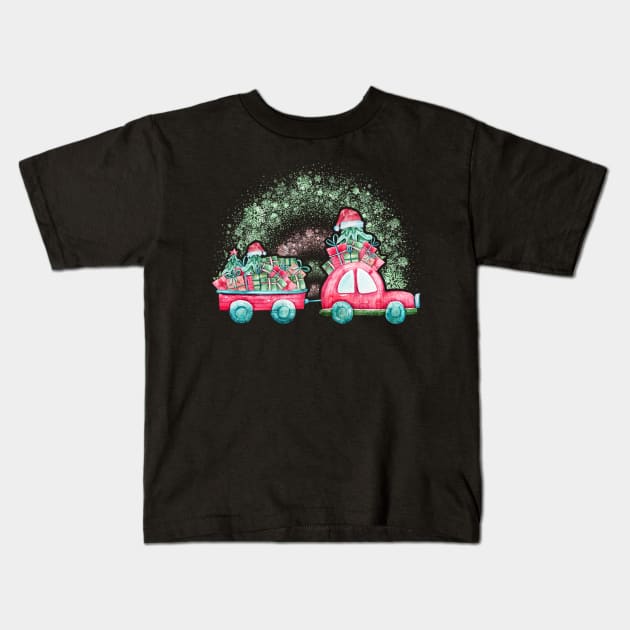 Christmas Farm Tractor Xmas Tree Lights Santa Hat Farmer Kids T-Shirt by Happy Shirt